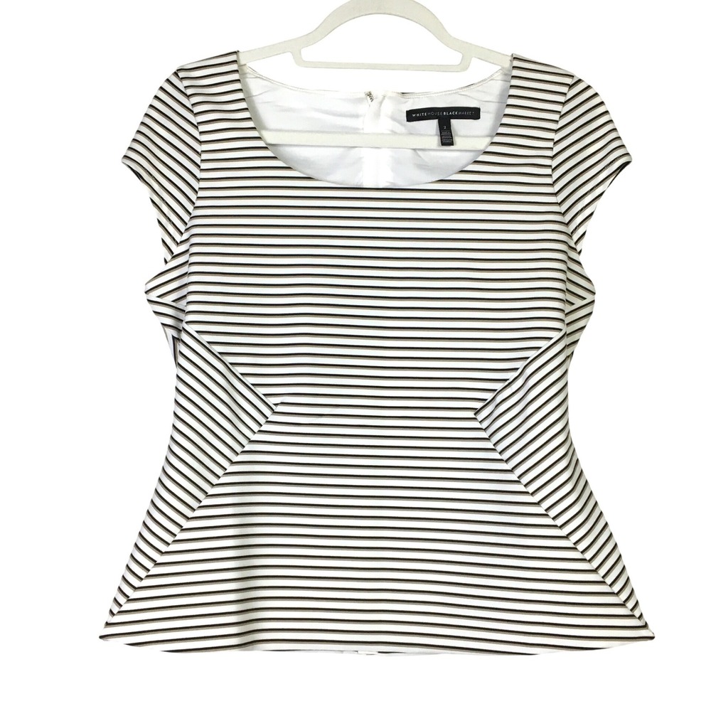 White House Black Market Striped Peplum Back Zip Top 2 White Black Tan